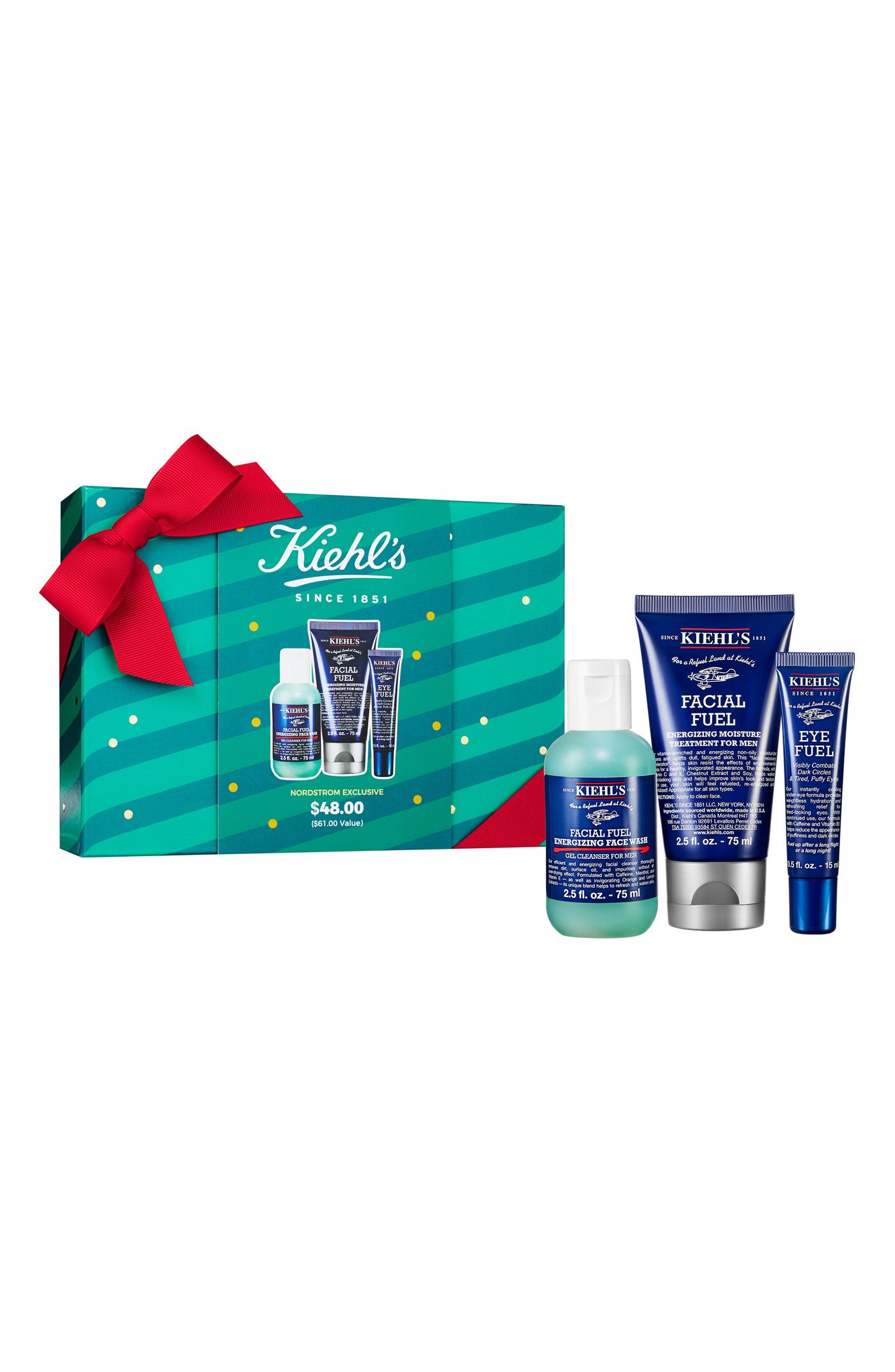 Estuche para hombre Facial Fuel de Kiehl's para caballero, que incluye limpiadora energizante, humectante y crema para ojos. (Suministrada)