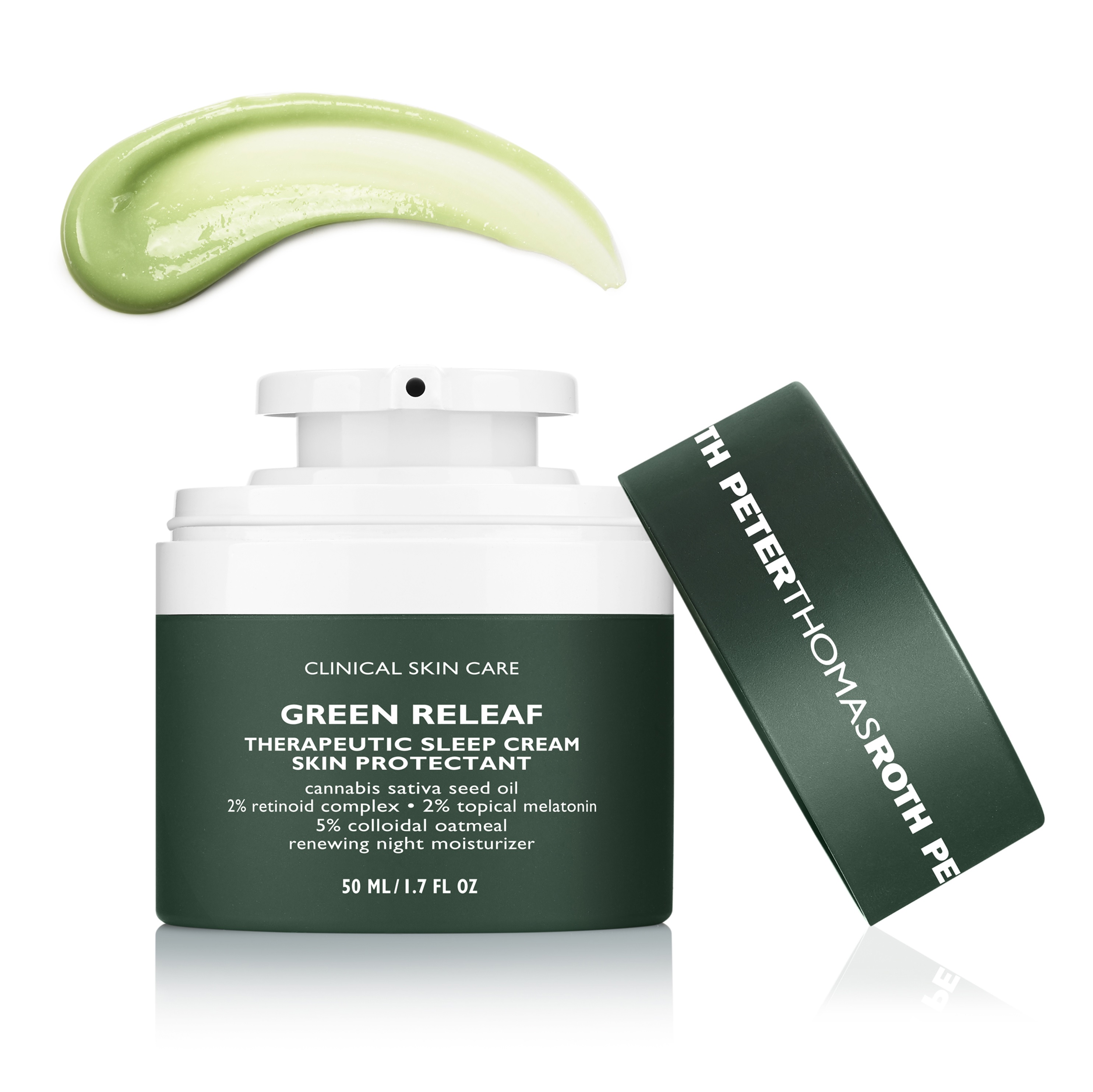 Peter Thomas Roth Green Releaf Therapeutic Sleep Cream ofrece un efecto calmante, suavizante e hidratante para la noche, pues contiene aceite de semilla de cannabis sativa derivado de cáñamo, retinoide, melatonina tópica y avena coloidal. (Suministrada)
