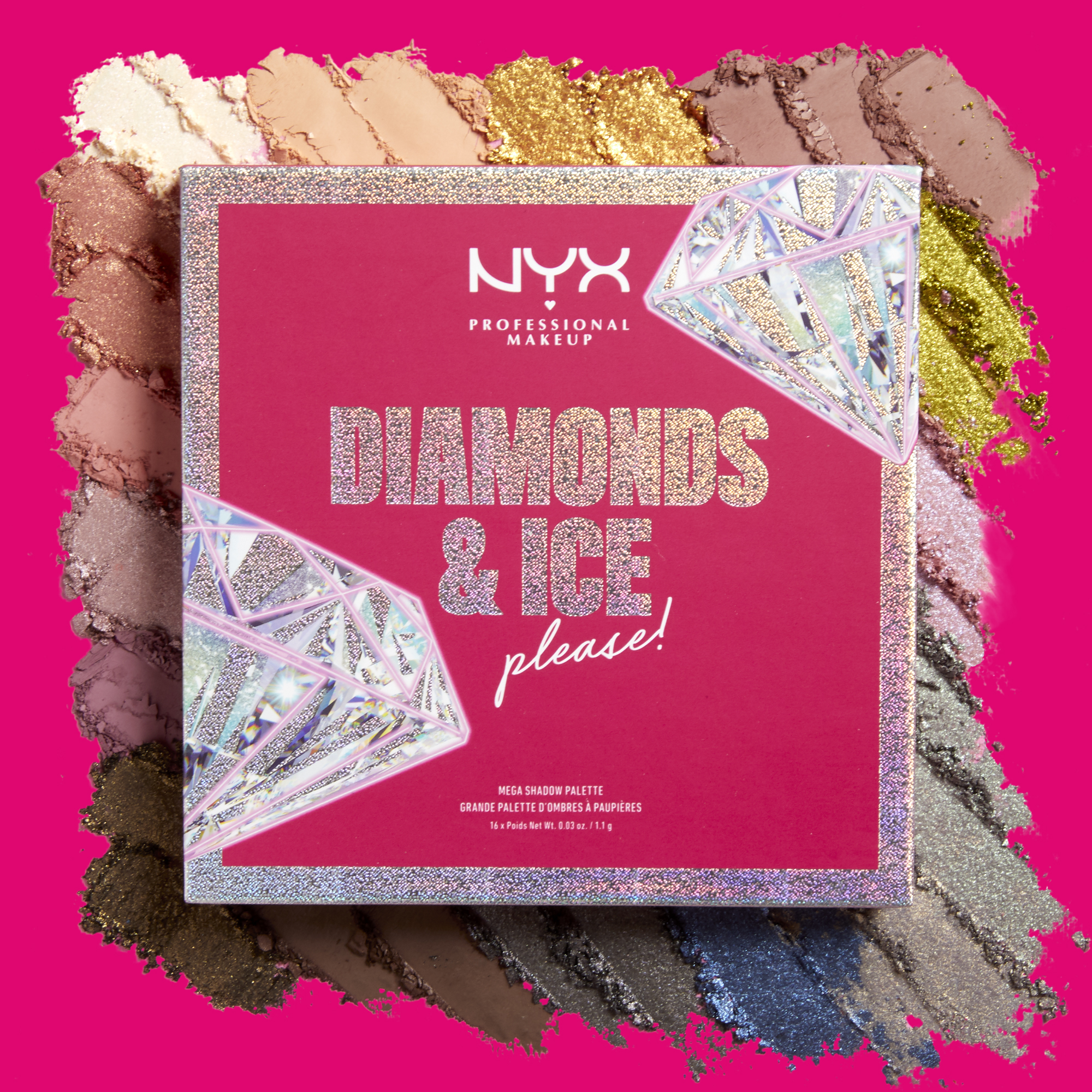 A todo color - NYX Professional Makeup Diamonds & Ice, Please! es una colección de edición limitada, inspirada en los diamantes y contiene productos como la Diamonds & Ice, Please! Mega Shadow Palette, una paleta de sombras con dieciséis tonos en acabado mate, satinado y con brillo. Está disponible en la tienda NYX Professional Makeup de Plaza Las Américas, Walmart, Walgreens y nyxcosmetics.pr. (Suministrada)
