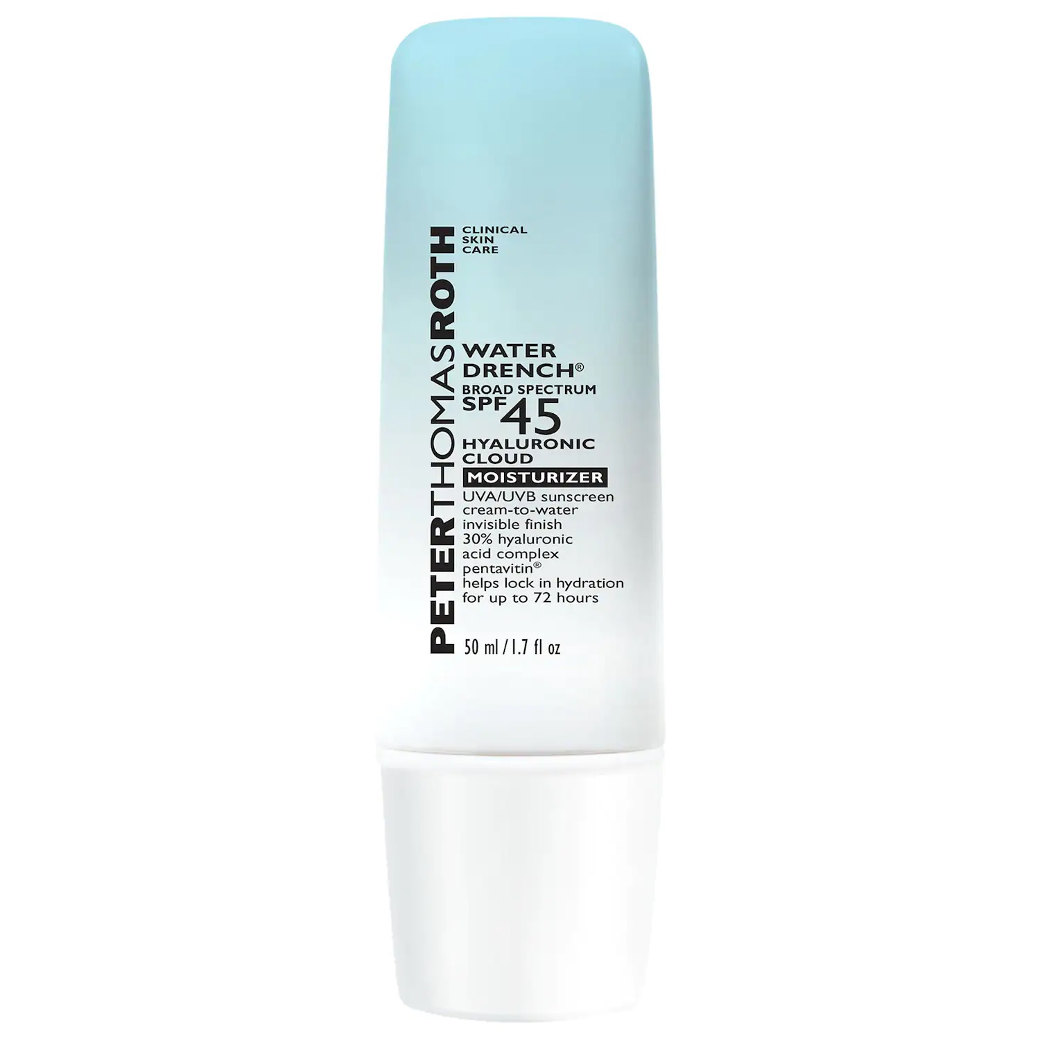 Water Drench Hyaluronic Hydrating Moisturizer SPF 45 - Una fórmula de la marca Peter Thomas Roth que ofrece protección solar de amplio espectro con un acabado invisible que protege la piel y proporciona hasta 72 horas de hidratación. Es para todo tipo de piel, pero su fórmula la hace ideal para quienes tienen líneas finas, arrugas y resequedad. (Suministrada)